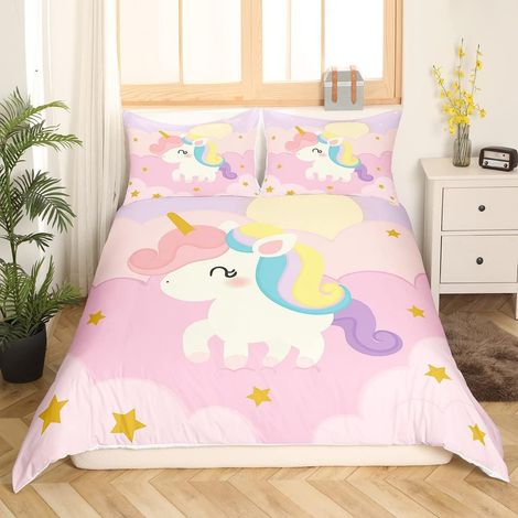 Filles Pink Licorne Housse De Couette Dessin Animé Licorne Parure De Lit 140x200cm pour Enfants Filles Cute Sets Housse Couette Kawaii Animals avec 1 Taie d'oreiller - 140 x 200 cm (1/5)