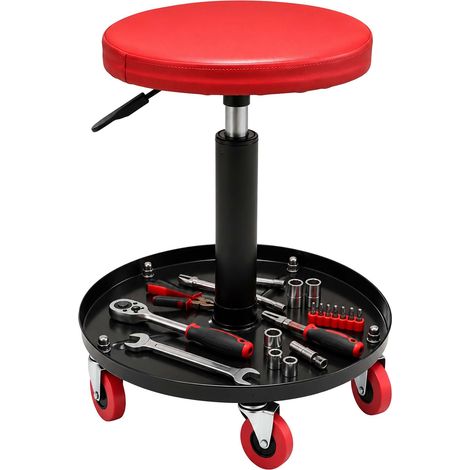 Relaxdays taburete de taller, ajustable en altura, bandeja, 5 ruedas, 42-56x38 cm, metal, rojo (1/5)