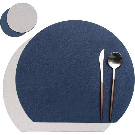 Sous-Plat Ronde - En Simili Cuir Polyester - Réversible - Antidérapante - Lavable À La Main - 34 x 38 cm - Noir + Brun - Lot de 1 Sous-Plat et 1 Sous-Verre (1/5)