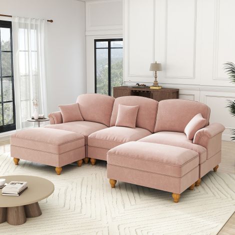Klassisches modulares U-förmiges Sofa aus Chenille mit Trichter-Armlehnen, abnehmbarer Rüschenschürze, spindelförmigen Beinen & beweglichem Hocker – Weiches, tiefes Cloud-Sofa fürs Wohnzimmer,rosa
WL