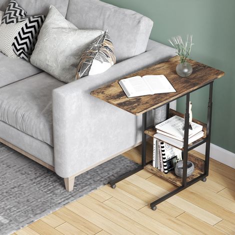 Table Basse en C Style Industriel, Table de Nuit Design Hauteur Réglable, 3 Étagères et 4 Roues avec Frein, Brun Rustique (1/5)