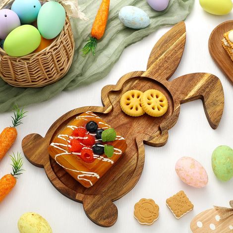 KOWOLL Assiettes de Pâques en bois, plateau de service en bois, assiettes à salade décoratives rustiques, présentoir à charcuterie, desserts, amuse-gueules, bonbons et pains. (1/5)