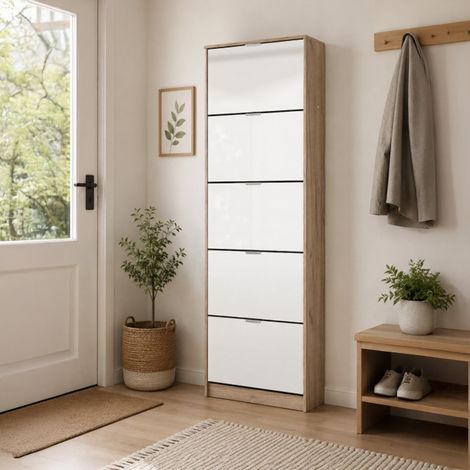 Schuhschrank innen, Schuhregal 10 Böden, 10 Fächer, 5 Türen, 67x28x191,5h cm, Braun Eiche Grau (1/5)