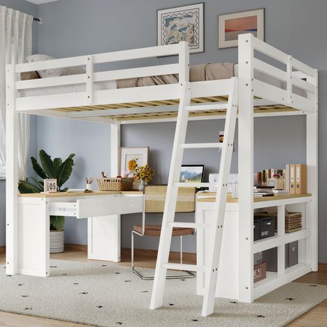 Letto a soppalco per bambini 140x200 cm in legno massello e MDF, bianco+naturale, con tavolo a U e 2 cassetti (1/5)