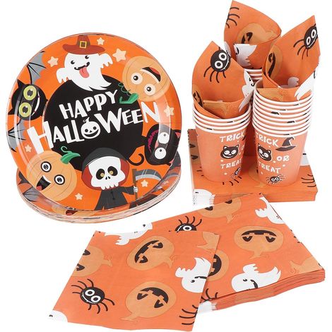 Service de table jetable pour Halloween – 24 personnes – Vaisselle en carton – Comprend 24 assiettes en carton, 48 serviettes et 24 gobelets (1/5)