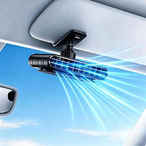 Ventilador con clip para parasol de coche, ventilador con clip ajustable en 5 niveles con soporte giratorio de 360°, silencioso, potente flujo de aire, portátil. (1/4)