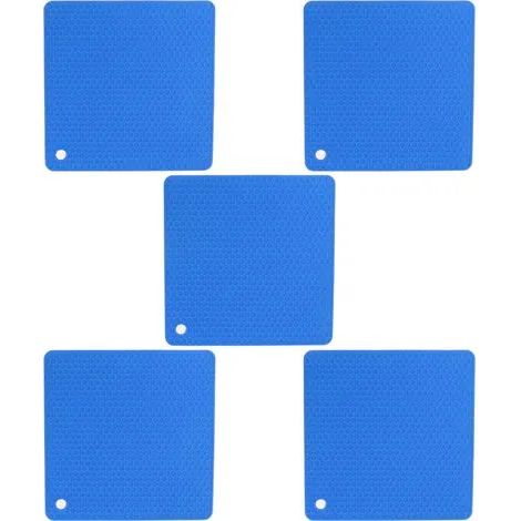 Lot de 5 dessous de plat en silicone résistant à la chaleur et antidérapant, forme carrée alvéolée, bleu. (1/3)