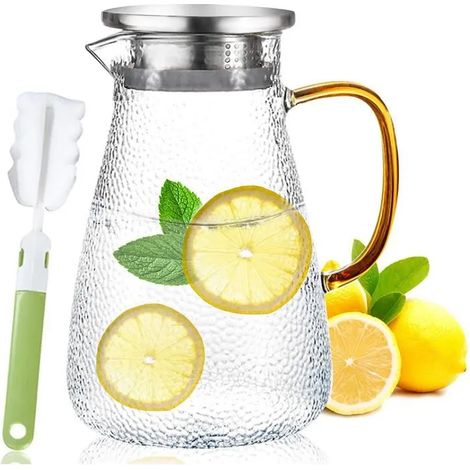 Carafe en Verre,Carafe en Verreavec infuseur 1.8 Litre Verre Pichet avec Couvercle thé glacé pichet d'eau Chaud Eau Froide (1/4)