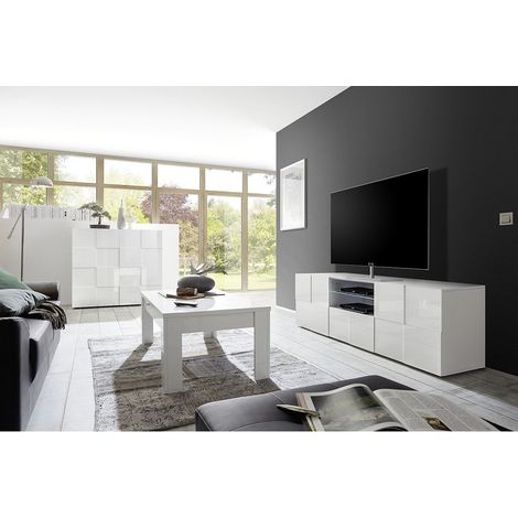 REBECCA - Ensemble Salon complet Meuble TV 181 cm Blanc Laqué Weiss Relief Damiers (1/5)