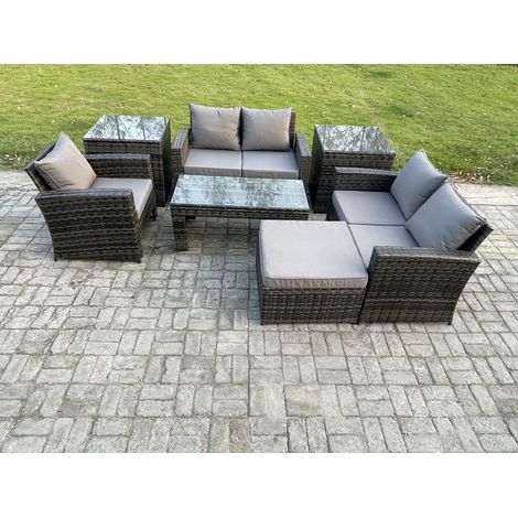Fimous 7pcs Rattan Outdoor Garden Furniture Sofa Set with Coffee Table 2 Side Tables Big Footstool Dark Grey Mixed (1/5)