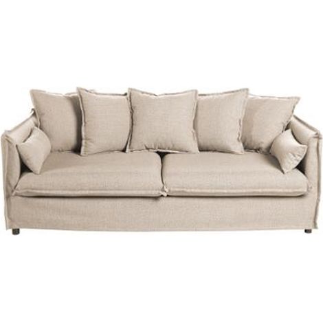 Canapé 3 places en bois et polyester, couleur beige - Dim : L210 x l104 x H69 - 78 cm -PEGANE-