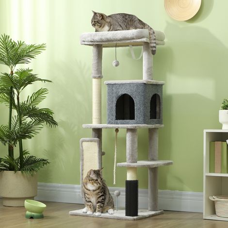 Albero per Gatti Multilivello Alto 132 cm con Casetta, Lettino, Pali Tiragraffi, Spazzola e Pallina, Grigio (1/5)