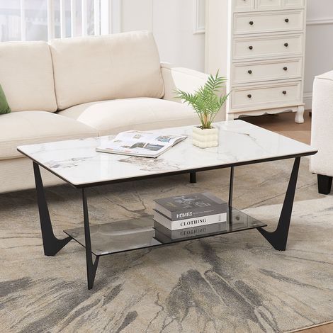 Wahson Table basse rectangulaire marbrée avec pieds en métal noir – Etagère de rangement double – Dimensions 110x60x46cm – Pour salon moderne, Blanc (1/5)