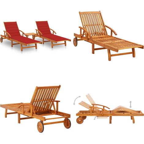 Chaises longues lot de 2 avec table et coussins Acacia solide - Chaise longue bois acacia - Chaise longue avec table (1/5)