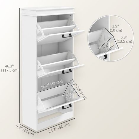 Meuble à chaussures étroit blanc, 3 tiroirs à ouverture rabattable, étagères intérieures réglables, format compact pour ranger 15 paires de chaussures. (1/5)