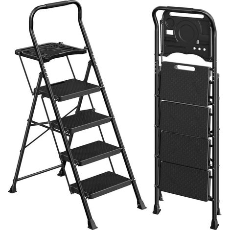 Escabeau pliant 3 marches usage maison bureau jardin 84 x 45,5 x 145,2 cm en acier noir (1/2)