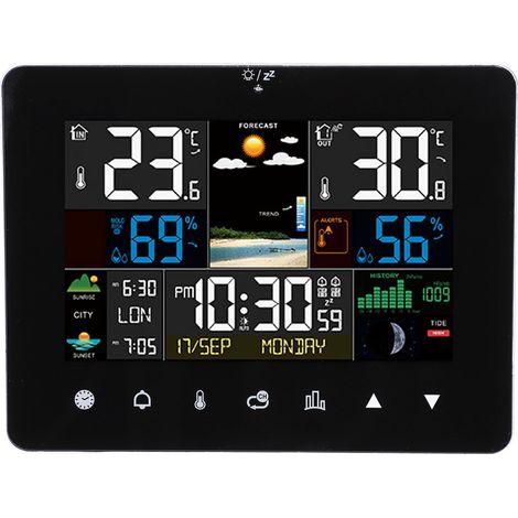 Horloge Calendrier Météo Sans Fil Couleur Affichage Tactile Capteur Radiofréquence Thermomètre Hygromètre Pour Intérieur et Extérieur (1/5)