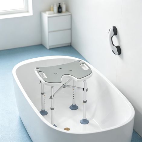 Tabouret de douche réglable 39–51,5 cm, avec poignée et ventouses, gris, sécurité et confort pour salle de bain (1/5)