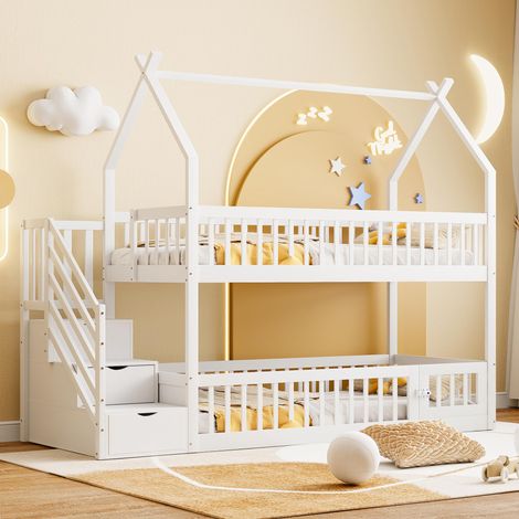 Lit superposé enfant 90x200 cm en bois massif avec toit, escalier de sécurité et tiroirs de rangement, lit simple blanc
