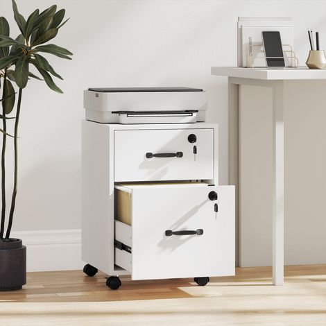 Caisson Bureau Mobile 2 Tiroirs, Roulettes, Documents Suspendus Format Lettre, Blanc (1/5)