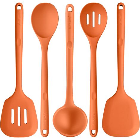 Ustensiles de cuisine en silicone extra longs: spatules de cuisson résistantes à la chaleur de 315 ℃, cuillères de service pour mélanger friture remuer l'égouttage (5 pièces, Orange) (1/5)