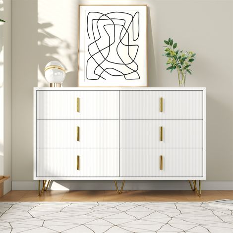 Commode à 6 tiroirs 120x77x40cm - Armoire égant au design moderne, espaces de rangement, poignées dorées - Blanc (1/5)