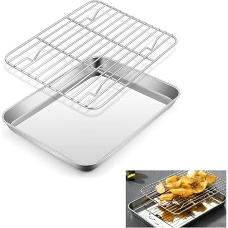 Stainless steel baking tray with cooling rack, 26 x 20.5 x 2.5 cm, baking pan, pastry tray with rack, baking tray and cooling rack