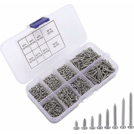 800 vis autotaraudeuses à tête cruciforme argentées, micro-vis à tête bombée, avec boîte en plastique pour plastique, bois, métal tendre, M2.-AquaForge (1/5)