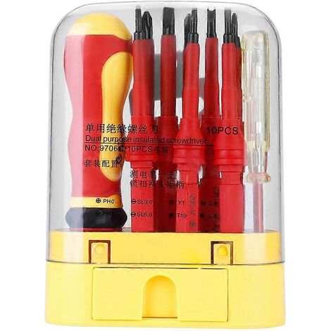 Juego de destornilladores CRV aislados 10 en 1 de 500 V para electricistas con lápiz de prueba.