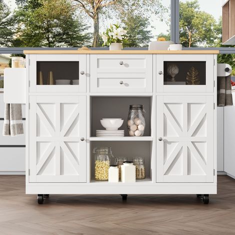 Chariot de cuisine roulant blanc imitation bois, îlot avec plan de travail et porte-serviettes latéral, buffet de salle à manger sur roulettes, portes 3D, étagères ajustables, meuble de rangement mobi