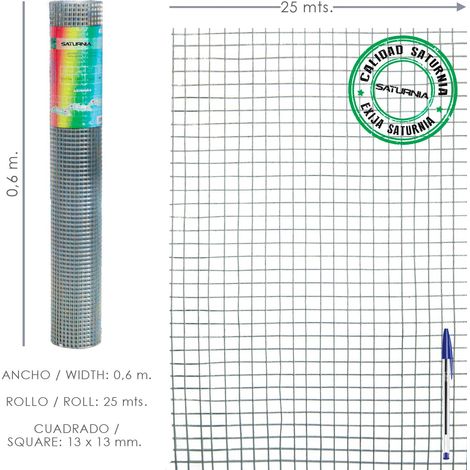Malla Electrosoldada Galvanizada 13x13 / Altura 60 cm. Rollo 25 Metros. Uso Domestico