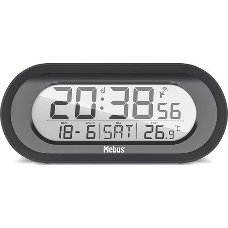 MEBUS Funkwecker mit Temperaturanzeige, digital, Funkuhr, Weckfunktion mit Snooze, Displaybeleuchtung, Kalender, Innenthermometer, Zeitzonen, Farbe: Schwarz, Modell: 25809
