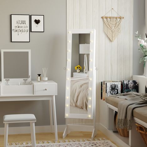 Armoire à bijoux avec miroir réglable, 20 lumières LED, bois, blanc, 40x37x146 cm