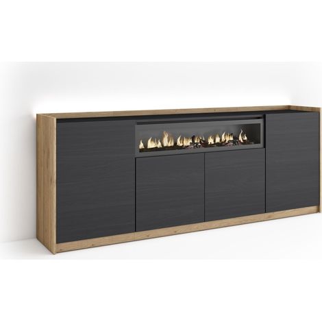 Skraut Home - Aparador para salón, Gran capacidad de almacenaje, 207x37x80cm, 4 Puertas, Chimenea eléctrica, LED, Estilo Moderno, Negro y roble (1/5)