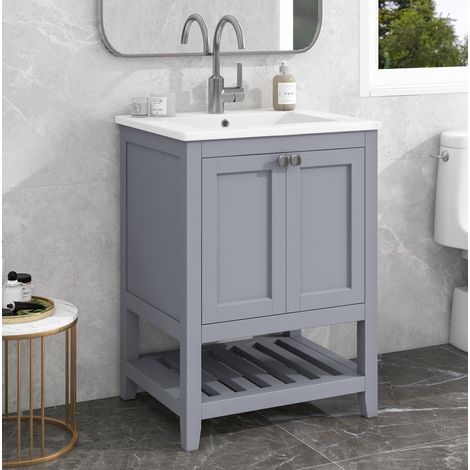 Mueble de baño con lavabo de pie moderno gris y blanco en madera maciza y MDF con lavabo cerámico (1/5)