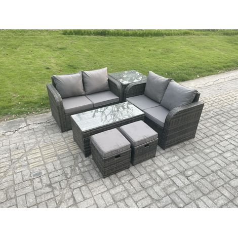 Fimous High Back Rattan Garden Furniture Set with Loveseat Sofa Rectangular Coffee Table 2 Small Footstools Side Table Indoor Outdoor Patio Lounge Sofa Set Dark Grey Mixed (1/5)