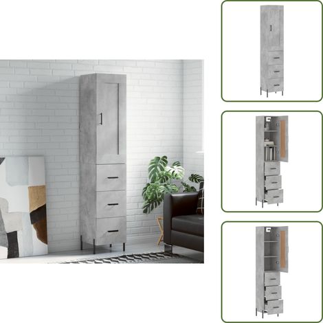 The Living Store Buffet haut Gris béton 34,5x34x180 cm Bois d'ingénierie - Buffet Design Moderne - Meuble Rangement Gris - Armoire Cuisine - Commode Salon - Étagère Ouverte (1/5)