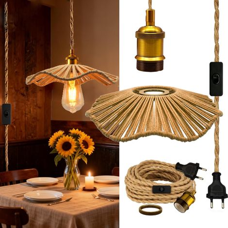 E27 Socket with Switch and Hemp Rope Cable 5.1 m, Vintage Brass Pendant Light with Braided Hemp Rope Lampshade, Industrial DIY Pendant Lamp with Clip (1/5)