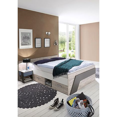 Jugendbett Set mit Bett 140x200 cm und Nachttisch LEEDS-10 in Sandeiche Nb. mit weiß, Lava und Denim Blau (1/5)