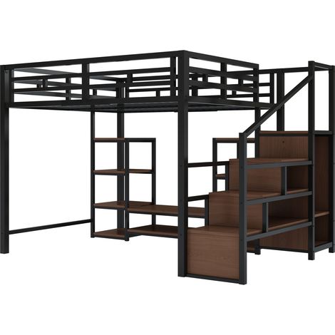 Cama alta 140x200 con soporte TV, enchufe y escalera de almacenamiento, negro (1/5)