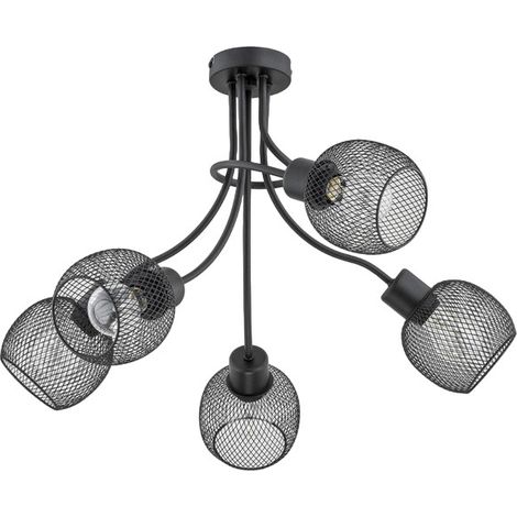 Alfa PLENA Rustic Industrial 5-Light Ceiling Lamp, Black Metal Mesh Shades, E27 Max 15W, Dimmable, 57x55x45 cm Fixture for Living Room Dining Room Home Office Kitchen