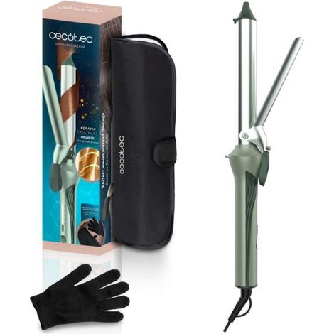 Cecotec Rizador de Pelo con Pinza 25mm SurfCare CurlClip Olive. Revestimiento Cerámica, Queratina y Aceite de Argán