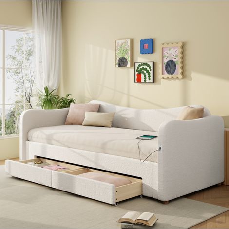 Lit-banquette extensible 90 x 200 cm à 180 x 200 cm avec 2 tiroirs, USB, bouclette beige, REDOM (1/5)