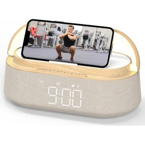 Réveil avec haut-parleur Bluetooth, chargeur sans fil, radio FM, veilleuse LED réglable et support pour téléphone, idéal pour la table de chevet, la maison, le bureau ou comme cadeau. (1/5)