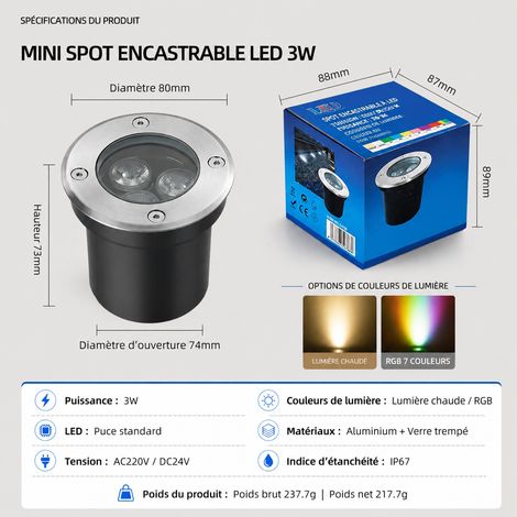 Spot LED encastrable de sol extérieur étanche 80 mm 3W 12V lumière chaude réf 2128 8,5 × 8,5 × 8,5 cm 217 g – Livraison gratuite