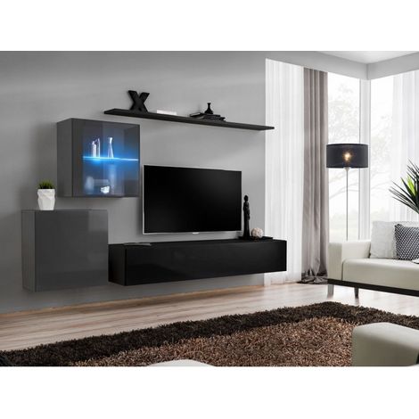 Ensemble mural - Switch XV - 2 vitrines - 1 banc TV - 2 étagères - Noir et graphite - Modèle 1 - Livraison gratuite