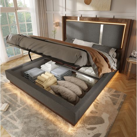 lit coffre 140x190 LED gris lin et bois rétro HAVRYA (1/5)