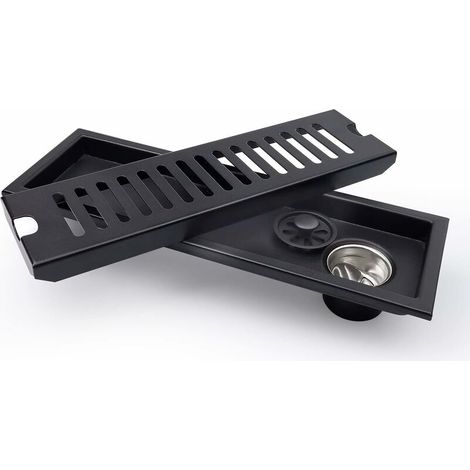 Siphon de sol rectangulaire 30x10 cm, siphon de douche noir avec grille en acier inoxydable, convient aux toilettes, salles de bains, cuisines et balcons. (1/5)