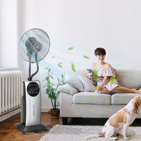 90-W-Ventilator mit Sprühnebel, 3 Modi, 3 Geschwindigkeitsstufen, Fernbedienung, 12-Stunden-Timer, 70°-Oszillation, grau und schwarz