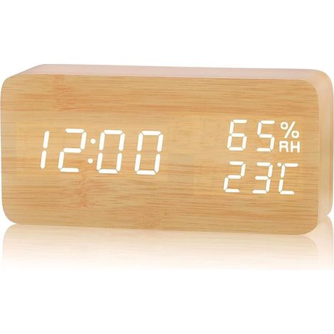 LED Réveil Électronique en Bois, Horloge Numérique avec 3 Réglages d'Alarme, Numérique Réveil Alimenté par USB Affichage de l'Heure, de la Température et de l'Humidité,12/24 Heure (1/5)